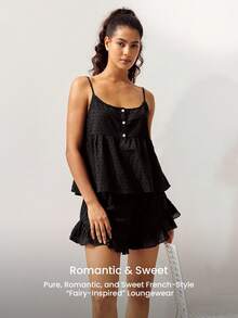LUVLETTE Summer Sweet Women's Black Elegant Airy Two-Piece Set - Double-Layered Ruffles & Button Front Breezy Refined Home Wear - Black - View 7