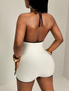 BamGleam Seamless Knit Trim Contrast Color Sexy Jumpsuit Bodysuits For Women Romper Club Summer , Vacation Halter Neck Tummy Control Shapewear - Beige - View 3