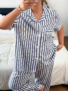 Napfluff CURVE Napfluff CURVE Plus Size Floral Short Sleeve & Long Pants Set, Casual Striped Lapel 2 Pieces Lounge Pajamas - Multicolor - View 4