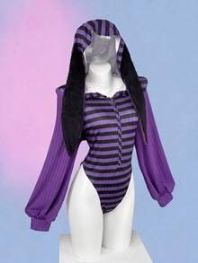 Sunspun Plus Size Women's Striped Knitted Elastic Fitted Hooded Rabbit Ear Long Sleeve Bodysuit Cute Summer Halloween Night Out Club - Multicolor - View 3