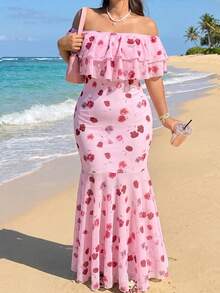 Rometta Plus Size Off-Shoulder Ruffle Elegant Commuter Lace Bodycon Maxi Dress - Pink - View 5