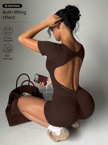 Slayform Slayform Women's Fashionable Sporty Cross-Design Backless Bodycon Jumpsuit Airport Outfit Full Bodycon Jumpsuit Airport Outfit Gym Women Outfit - Coffee Brown - View 1