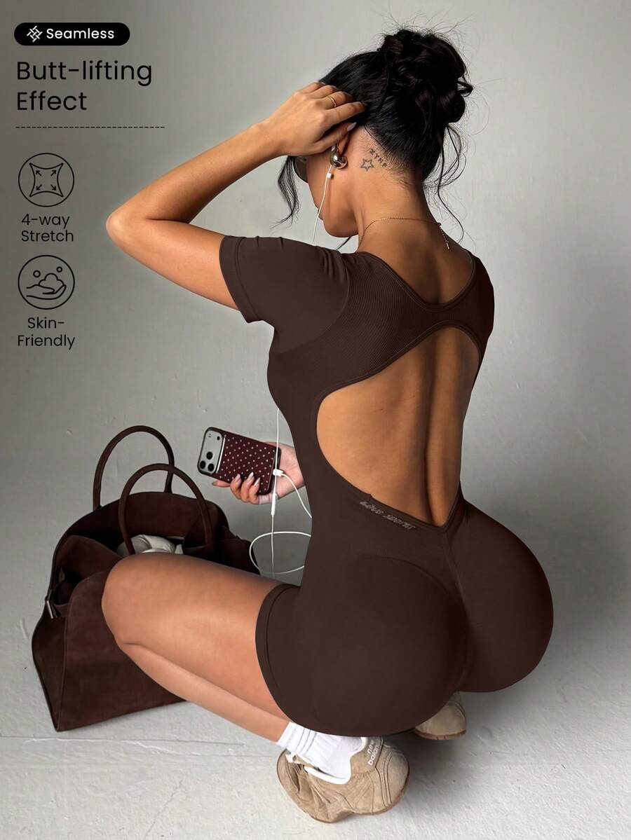 Slayform Slayform Women's Fashionable Sporty Cross-Design Backless Bodycon Jumpsuit Airport Outfit Full Bodycon Jumpsuit Airport Outfit Gym Women Outfit - Coffee Brown - View 1