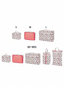HELLO KITTY AND FRIENDS | SHEIN 卡通網格拉鍊收納5件組，單件或套裝，含衣物收納袋、鞋袋與洗衣袋，透氣網布讓旅行行李井然有序 - 白色和紅色 - 查看 13
