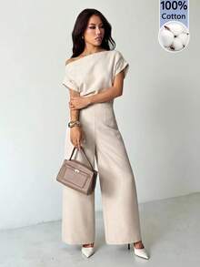 SHEIN PETITE 女款夏季新品簡約優雅日常休閒亞麻通勤寬領露肩上衣與寬腿褲套裝，夏季女裝套裝，適合嬌小女性 - 杏色 - 查看 7
