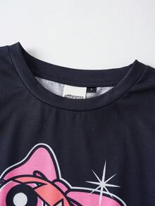 THE POWERPUFF GIRLS X SHEIN 女款卡通短袖上衣與短褲睡衣套裝 - 黑色 - 查看 4