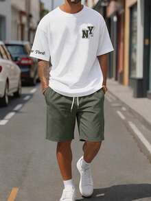 Sorvial Men's Fitted White Knit Top And Army Green Woven Shorts Set, Minimalist Slogan Design - Army Green - View 1