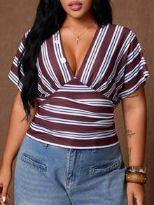 Rustia Plus Size Women's Casual Asymmetrical Neck Top With Shell Buttons, Spring/Summer - Brown - View 1