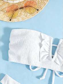 SHEIN Swim Women's Solid Color Bikini Top With Ruffled Hem, V-Wire Underwire, Summer Beach - White - View 6