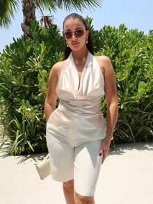 MDEdit Regata de Cetim com Alça de Laço, Fashion para o Verão Casual - Champanhe - Visão 6