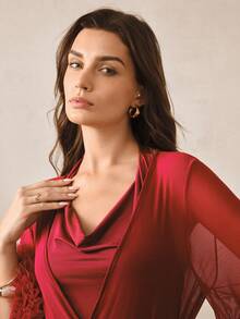 Hourtrue 3D Lace Mesh Long Robe, Cowl Neck Knit Cami Robe, Women's Sleepwear Set - Burgundy - View 11