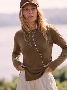 WanderVale Women's Solid Color Split Hem Long Sleeve Outdoor T-Shirt - Mustard Yellow - View 3