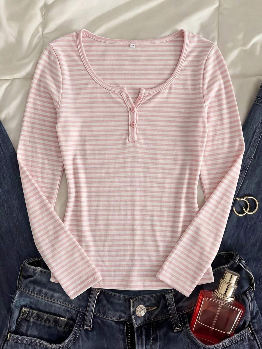 SHEIN Tween Girl Striped Casual Versatile Everyday Long Sleeve T-Shirt - Brown - View 1