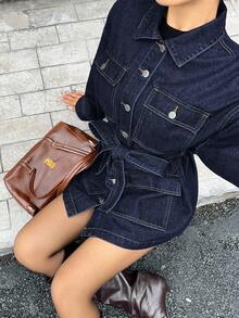 SHEIN 青少年女孩深藍色牛仔夾克附腰帶，寬鬆長袖 - 藍色 - 查看 8