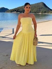 Maria Perezxox Women's New Cream Yellow Textured Knit Dress, Summer ,Summer Dress Elegant - Pale Yellow - View 1