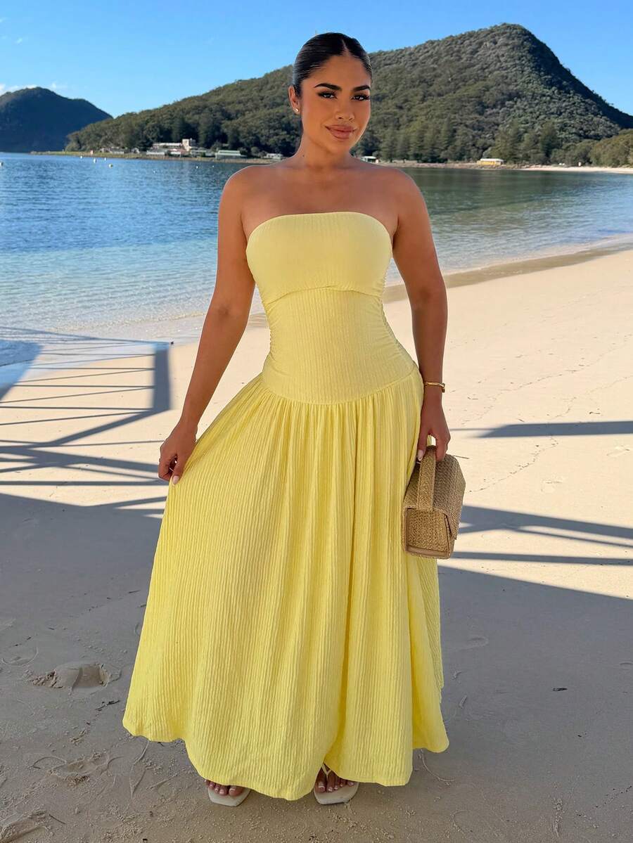 Maria Perezxox Women's New Cream Yellow Textured Knit Dress, Summer ,Summer Dress Elegant - Pale Yellow - View 1