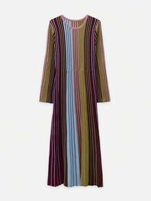 Nöista Multicolor Ribbed Knit Long Dress, Crew Neck, Long Sleeves, Elegant, Casual Chic. Office, Dinner Date, Weekned,  Fall, Autumn, Winter Outfit.. - Multicolor - View 9
