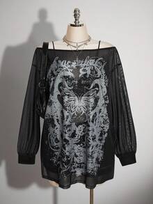 SHEIN ICON 女款大尺碼露肩蝴蝶印花長袖網紗黑色洋裝 - 黑色 - 查看 5