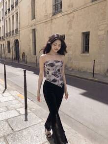 SHEIN MOD Black Date Night Romantic Contrast Lace Ruffle Trim Velvet Flare Leg Pants - Black - View 7