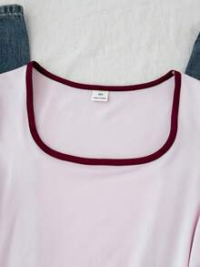 SHEIN Tween Girl Simple Contrast Color Square Neck Long Sleeve T-Shirt For Weekend Outings - Pink - View 7