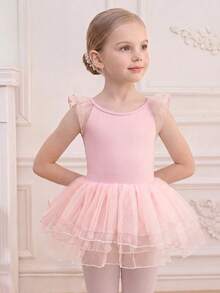 SHEIN Vestido de Tutú de Ballet para Niñas Jóvenes, Leotardo con Mangas de Malla de Color Contrastante para Danza Otoño Invierno - Rosa Pálido - Ver 6