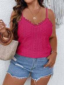 Vionelle Plus Size Sexy Lace Patchwork Hollow Out Cami Tank Top For Vacation - Hot Pink - View 7