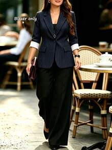 GlowEve CURVE CURVE Plus Size Women's Spring/Autumn Commuter Style Striped Colorblock Faux Pocket Flap Mid-Sleeve Lapel Thin Blazer Jacket, Suitable For Daily Commute Wear - Blue - View 3