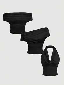SHEIN MOD 女款百褶多穿搭時尚百搭上衣 3 件組 - 彩色 - 查看 3