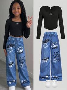 SHEIN Leap Crew 2 件套青少年女孩休闲不对称下摆 U 领长袖 T 恤和牛仔效果裤套装，街头风格 - 藍色 - 查看 6