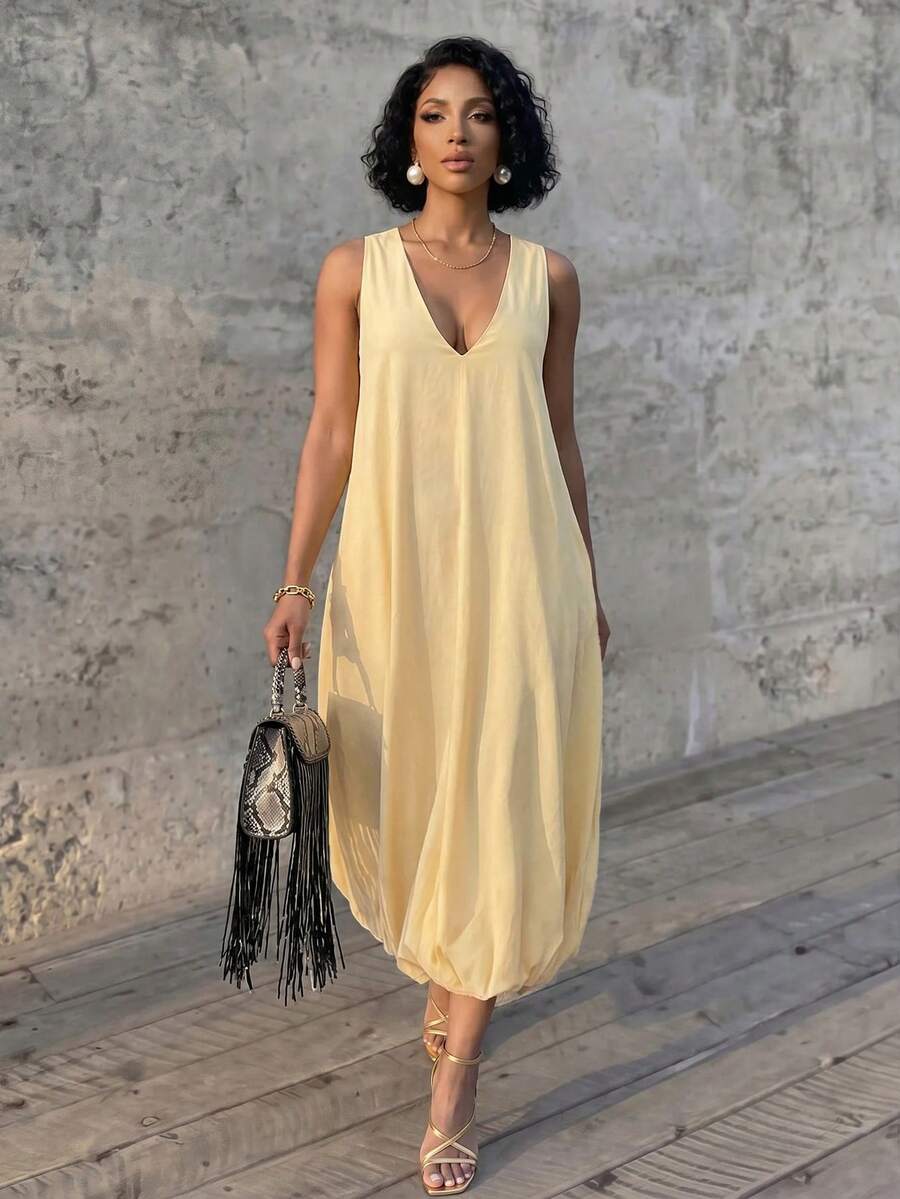 Eryvara Women's Fall/Summer Yellow Deep V Halter Sleeveless Bubble Midi Dress, Loose Flow A-Line Hem,  Leisure And Vacation Solid Dress