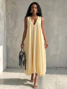 Eryvara Women's Fall/Summer Yellow Deep V Halter Sleeveless Bubble Midi Dress, Loose Flow A-Line Hem,  Leisure And Vacation Solid Dress - Yellow - View 7