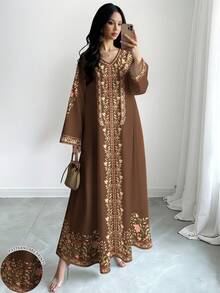 SHEIN Najma 女款花卉植物數位印花時尚V領長袖春秋優雅阿拉伯風大尺碼洋裝 - 彩色 - 查看 3