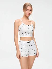 Bonmuse Heart Print Bow Front Cami Top & Shorts PJ Set / Pajama Setfor Summer - Multicolor - View 6