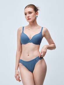 Softvol Women's Cotton Jacquard Lace Bra And Panty Set - Blue - View 3