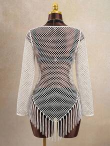 Zestiva Women's Sexy Hollow Out Sheer Tassel Hem Cover-Up Dress For Vacation - White - View 2