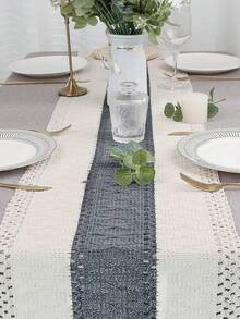 Zazumi 1PC Boho Woven Tassel Table Runner , Striped Crochet Lace Table Decoration , Dining Table Decor , For Kitchen Dining Room Party Tabletop , Christmas Decrotions , Fall Decor, Fall Decor For Home, Christmas Ornaments - Grey - View 6