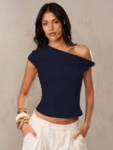 SHEIN BAE 春夏休閒不對稱單肩修身長版上衣 T-shirt，適合夏季上衣、休閒上衣、返校穿搭，老錢風街頭與機場風 - 藏蓝色 - 查看 5
