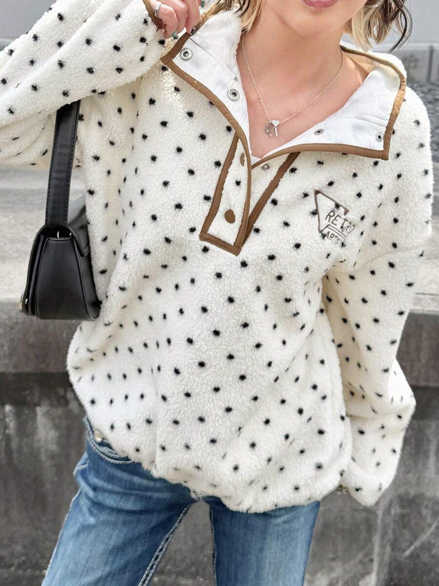 FRIFUL Sweatshirt Wanita Kasual Retro Vintage Gaya 70-an 80-an Motif Polkadot Putih dan Hitam, Cocok untuk Liburan Musim Gugur/Dingin - Grey - View 1