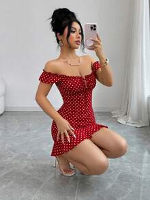 Elenzga 女士波点系带腰部荷叶边休闲约会派对连衣裙 - 紅色 - 查看 5