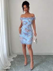 Selianne Women's Light Pink Spring/Summer Off-The-Shoulder Elegant Romantic Mesh Printed Ruched Waist Short Dress, Suitable For Wedding Season, Party, Date, Shopping And Other Occasions - Blue - View 6
