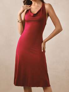 Hourtrue 3D Lace Mesh Long Robe, Cowl Neck Knit Cami Robe, Women's Sleepwear Set - Burgundy - View 5