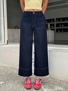 SHEIN Tween女孩深藍色寬鬆牛仔長褲 10Y Y2K 夏季秋季 日 婚禮 - 藍色 - 查看 6