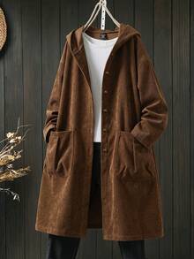 Linhara Spring/Autumn Corduroy Brown Hooded Mid-Length Casual Commute Plus Size Jacket With Pockets - Brown - View 1