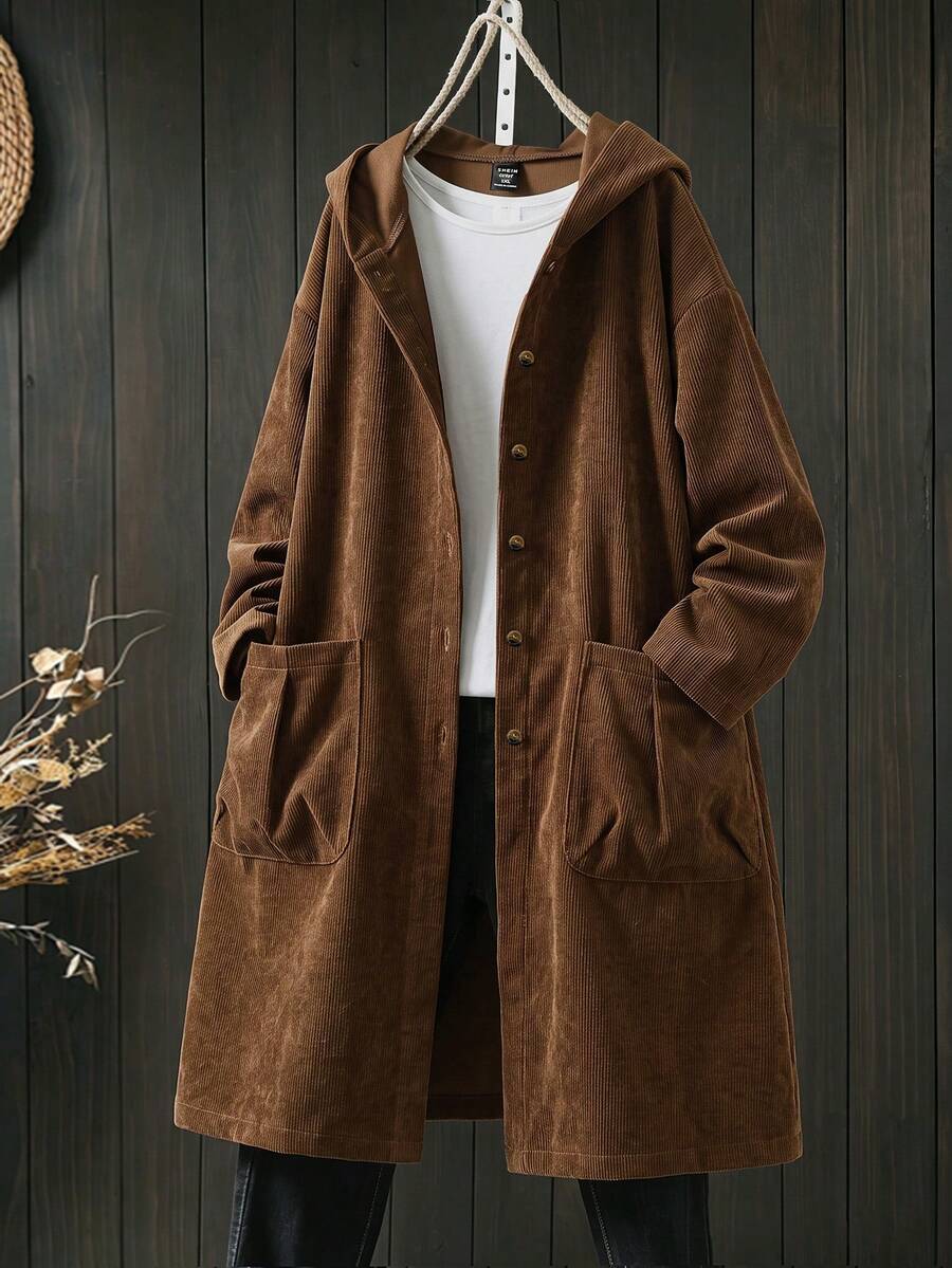Linhara Spring/Autumn Corduroy Brown Hooded Mid-Length Casual Commute Plus Size Jacket With Pockets - Brown - View 1