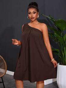 Slaydiva Plus Size Women's One Shoulder Sleeveless Solid Color Wide Leg Dress - Rust Brown - View 4