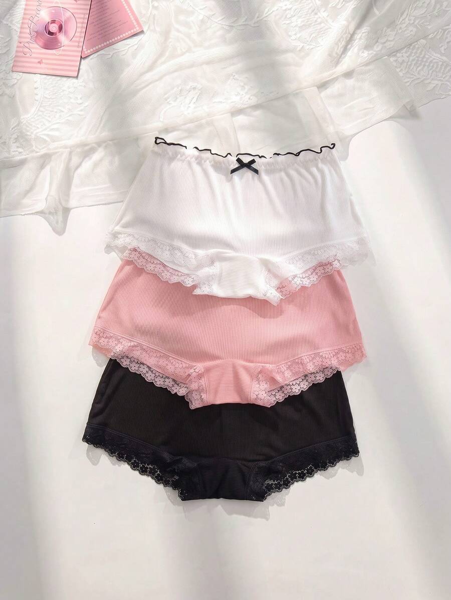 PetitDoll 3-Pack Plus Size Women's Casual Ruffled Waist Lace Trim Ribbed Boyshort Panties - Multicolor - View 1