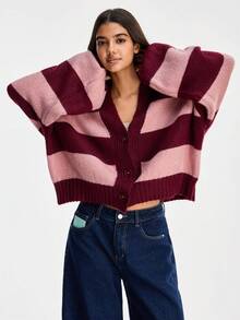 SHEIN 女款條紋落肩長袖單排扣休閒針織開襟衫 - 彩色 - 查看 3