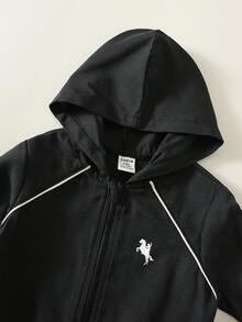SHEIN 男嬰馬匹圖案連帽長袖鈕扣夾克，百搭舒適 - 黑色 - 查看 4