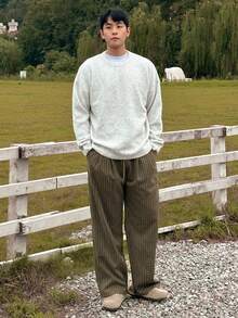 DAZY Pantalones rectos casuales con cordón en la cintura y rayas para hombres, para el otoño, vacaciones de otoño - Beis - Ver 3