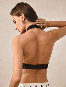 Hourtrue 1pc Women's Lace Trim Seamless Wire-Free Sexy Halter Neck Backless Bra - Black - View 3
